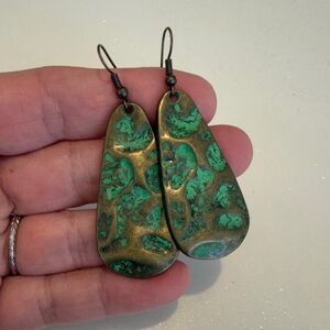 Artisan Brass Green and Gold Teardrop Earrings